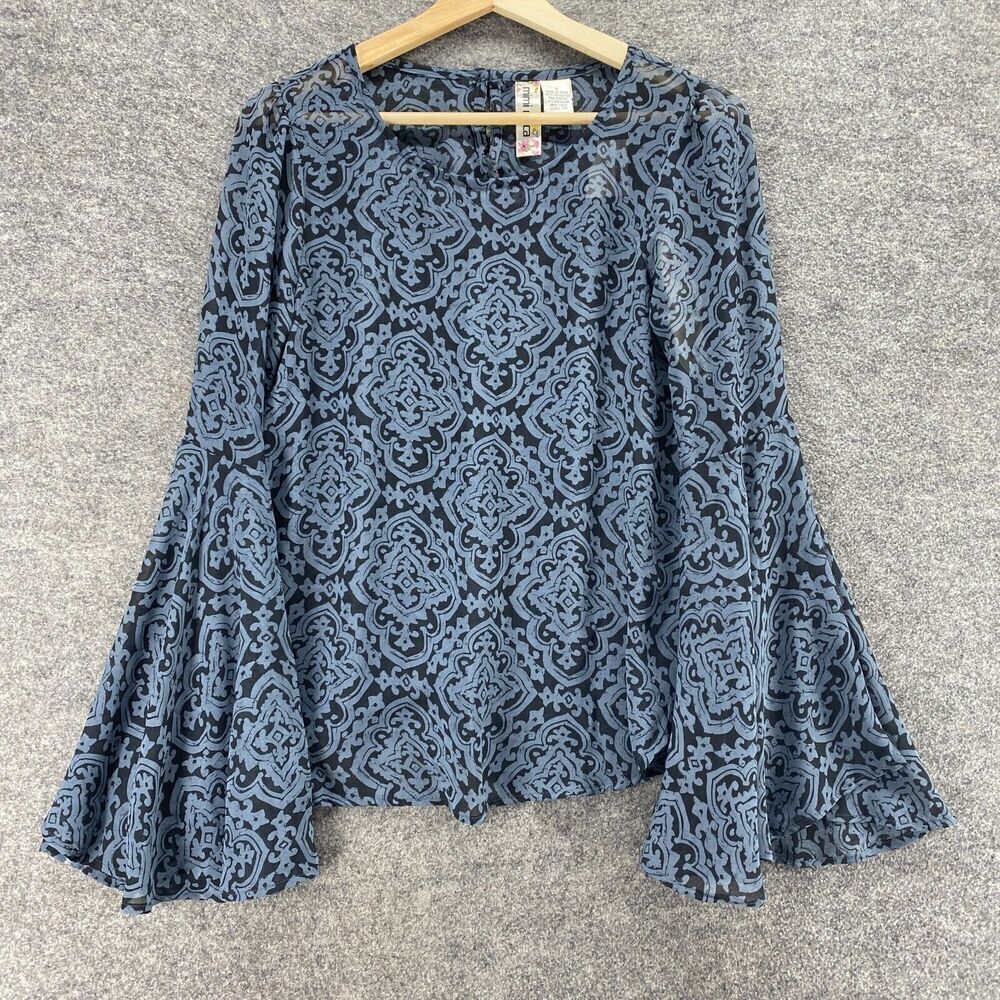 Mimi Chica Blouse Women S Small Blue Geometric Long Sleeve Round Neck Hook & Eye
